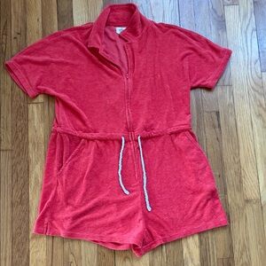 Marine Layer Terry Romper Womens XL Red Coral Towling Beach Coverup Zip Pockets